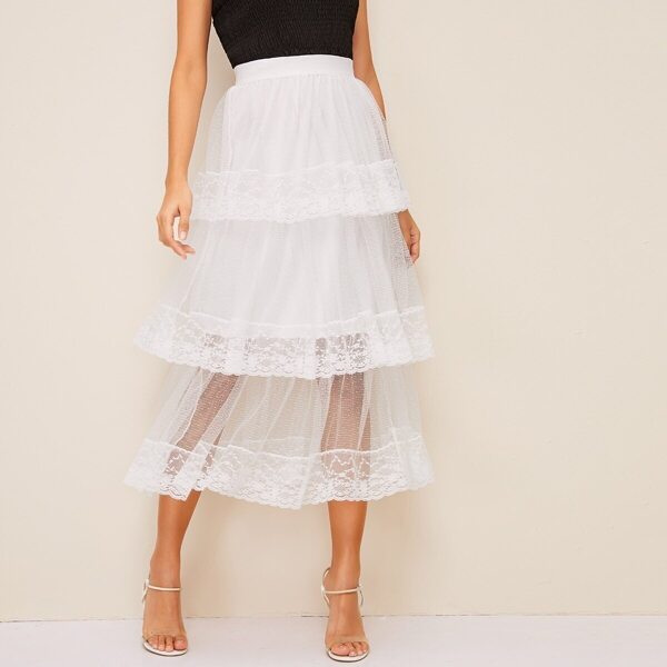 

Layered Ruffle Hem Lace Insert Mesh Overlay Skirt, White