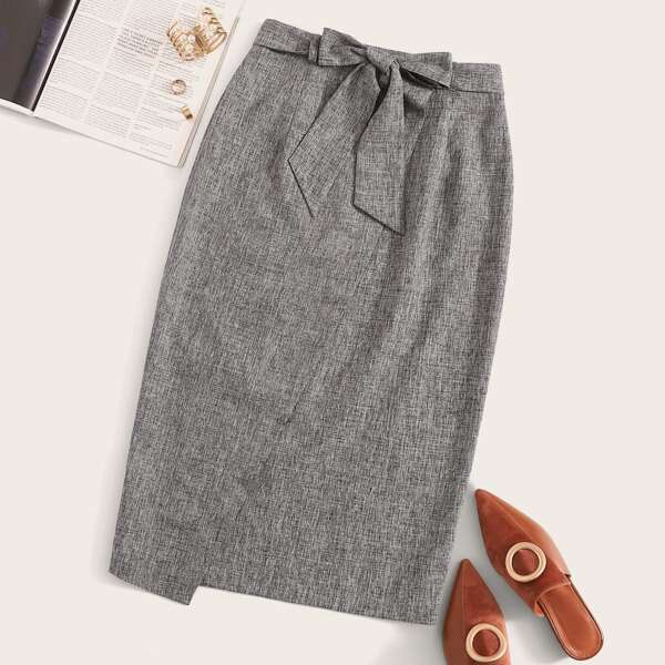 

Tie Waist Wrap Split Skirt, Grey