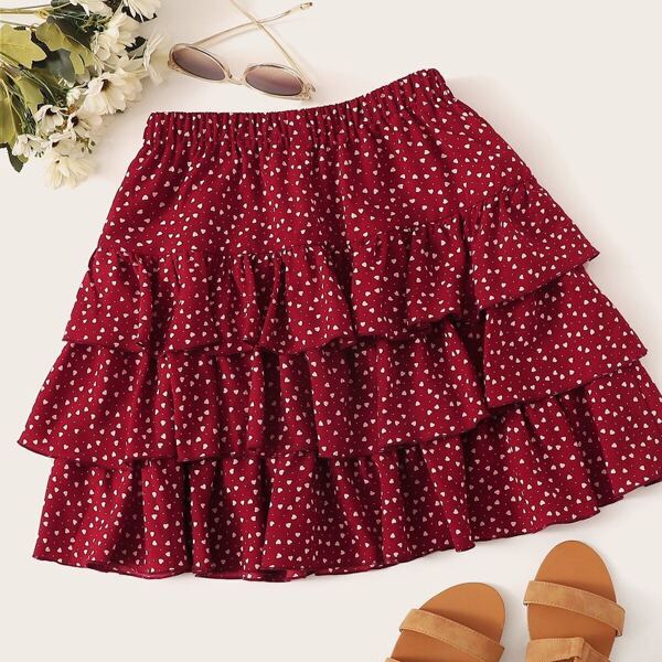 

Plus Confetti Heart Print Layered Skirt, Burgundy