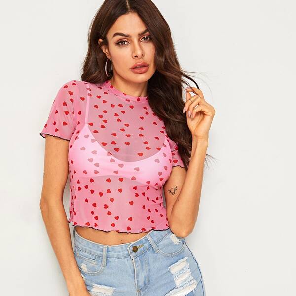 

Heart Print Piping Trim Mesh Top