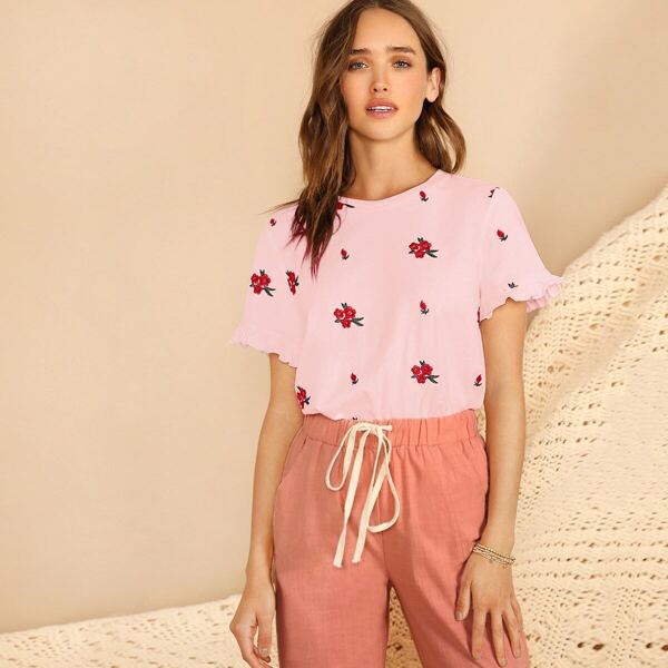 

Ruffle Cuff Floral Embroidered Top