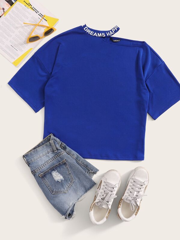 

Letter Print Cutout Shoulder Tee, Blue