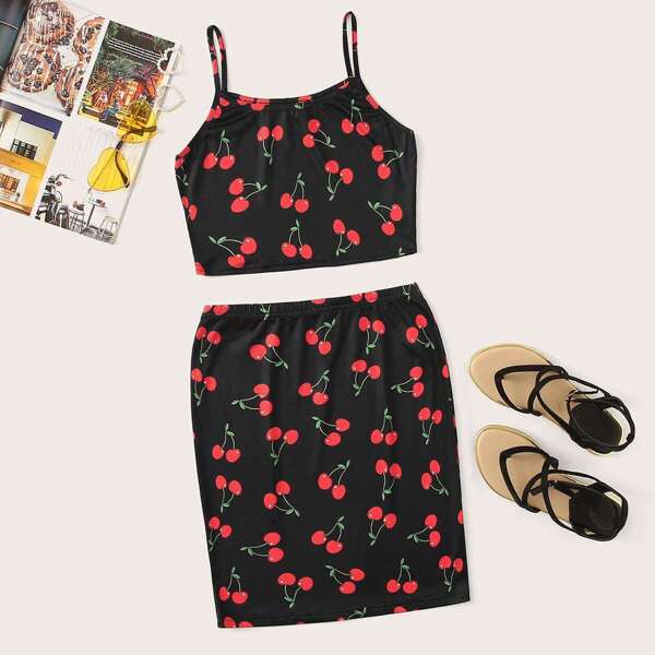 

Cherry Print Crop Cami Top & Skirt Set, Multicolor