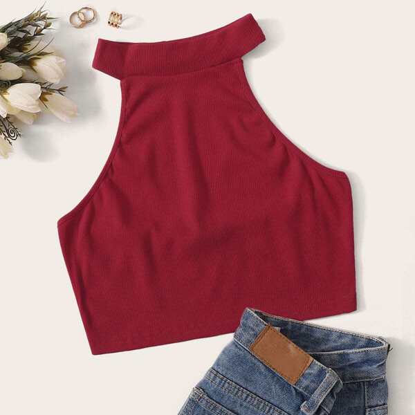 

Solid Rib-knit Crop Halter Top, Burgundy