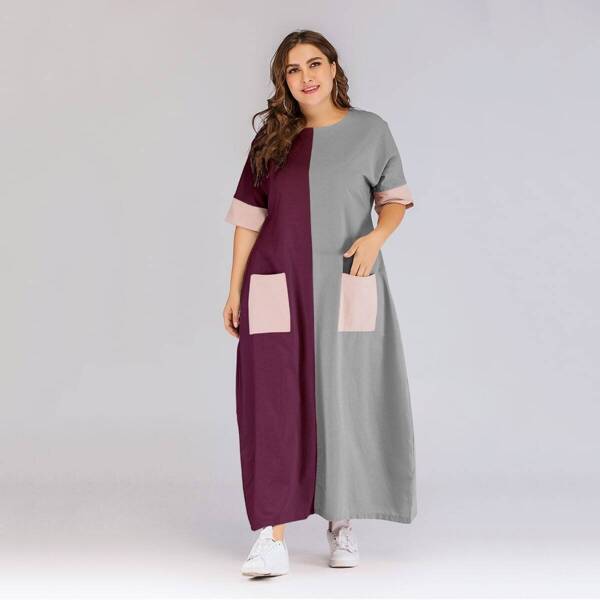 

Plus Two Tone Pocket Maxi Dress, Multicolor