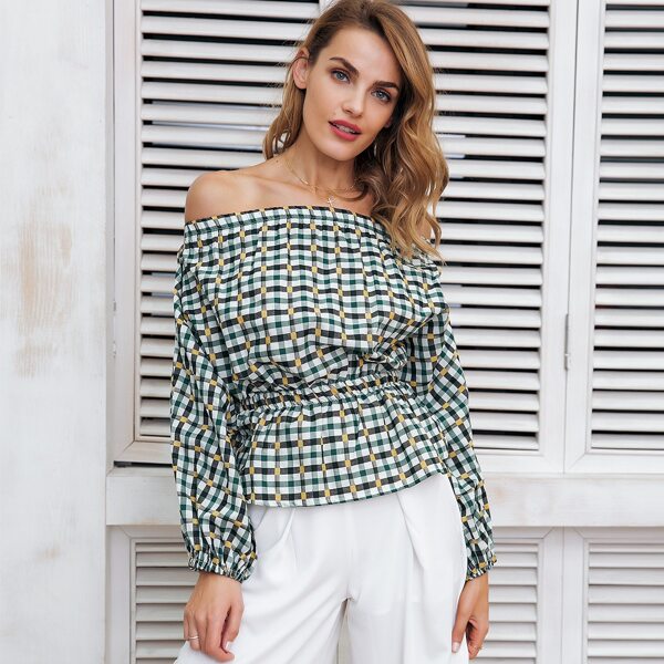 

Simplee Off Shoulder Gingham Print Peplum Top