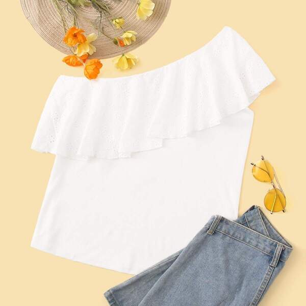

Plus Solid Asymmetrical Neck Schiffy Top