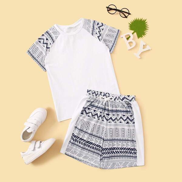 

Boys Raglan Sleeve Aztec Print Top & Shorts Set, Multicolor