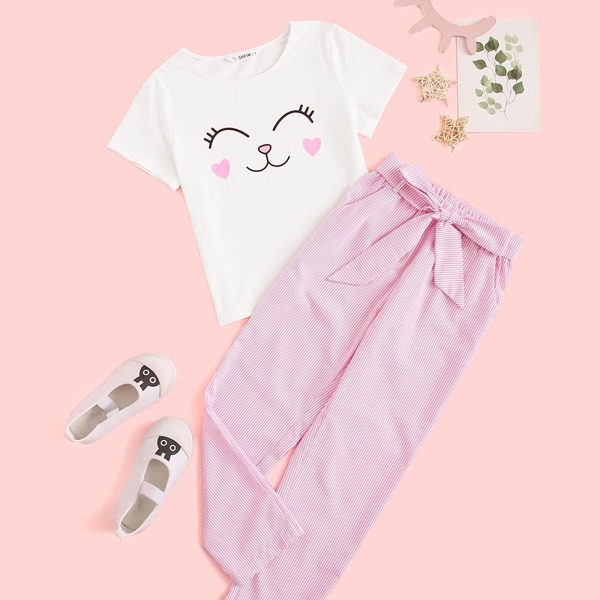 

Girls Graphic Print Top & Striped Belted Pants Set, Multicolor