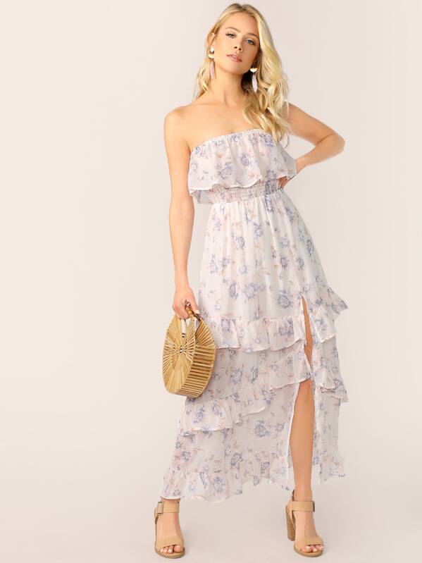 

Shirred Ruffle Trim Split Thigh Layered Tube Dress, White, Allie Leggett