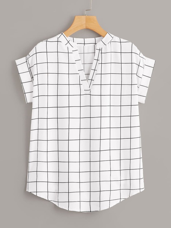 

Plus Grid Print Notched Neck Curved Hem Blouse, Black and white