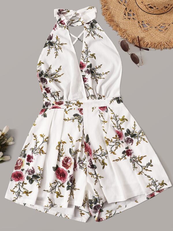

Plus Floral Print Knot Back Romper, White