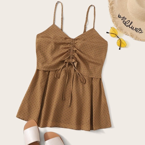 

Plus Polka Dot Drawstring Hem Shirred Cami Top