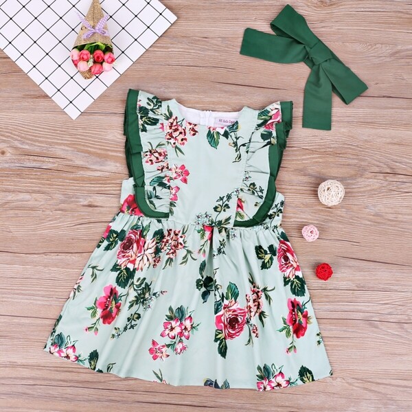 

Toddler Girls Floral Print Ruffle Trim Dress With Headband, Multicolor