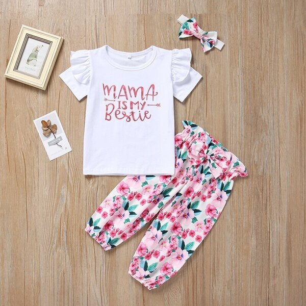 

Toddler Girls Letter Print Tee With Floral Print Pants, Multicolor
