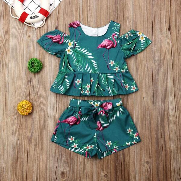 

Toddler Girls Flamingo And Tropical Print Blouse With Belted Shorts, Green