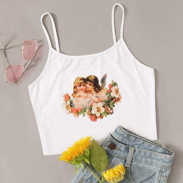 

Figure Graphic Crop Cami Top, White