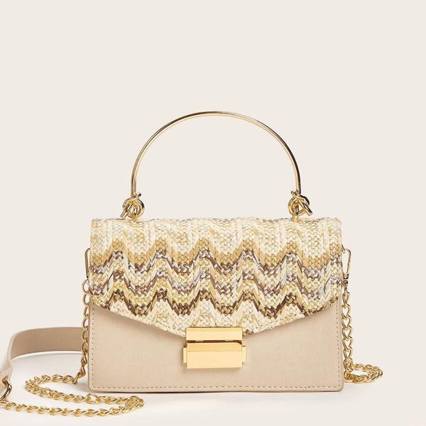 

Woven Detail Satchel Chain Bag, Beige