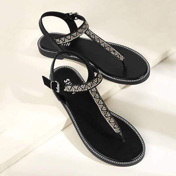 

Studded Decor Toe Post Ankle Strap Sandals, Black