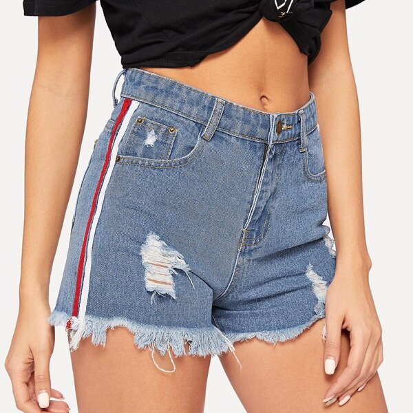 

Stripe Side Ripped Raw Hem Denim Shorts