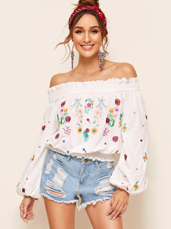 

Off Shoulder Shirred Panel Embroidered Top, White, Gabi B