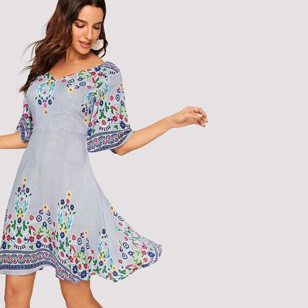 

Kimono Sleeve Floral & Striped Dress, Multicolor