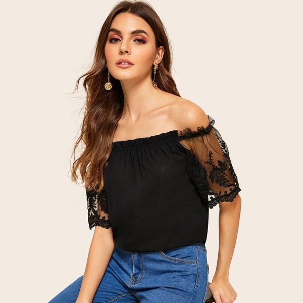 

Off Shoulder Lace Mesh Sleeve Top