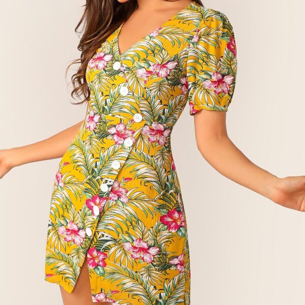 

Tropical and Floral Print Asymmetrical Buttoned Dress, Multicolor
