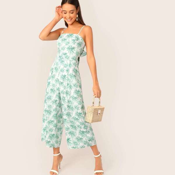 

Coconut Tree Print Tied Back Wide Leg Jumpsuit, Multicolor