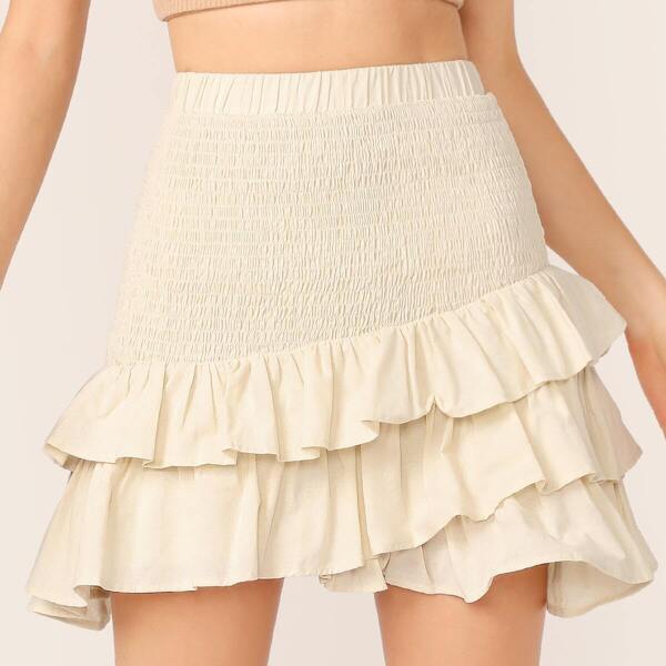 

Shirred Panel Layered Hem Skirt, Beige