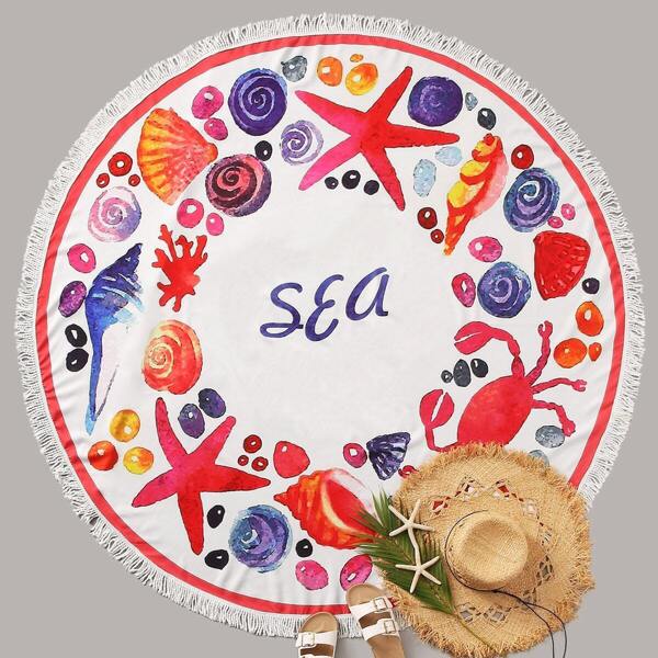 

Sea World Print Fringe Trim Round Beach Blanket