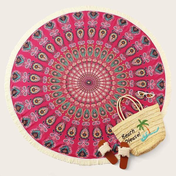 

Graphic Print Fringe Hem Round Beach Blanket