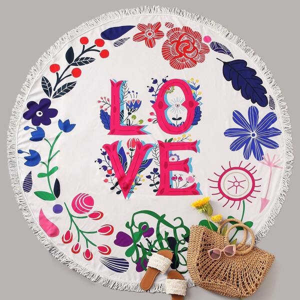 

Letter & Flower Print Fringe Trim Roundie