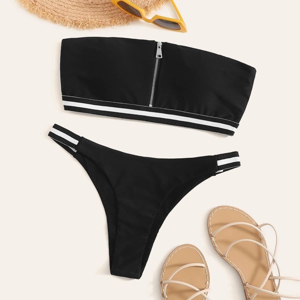 

Striped Trim Zip-up Bandeau Bikini Set