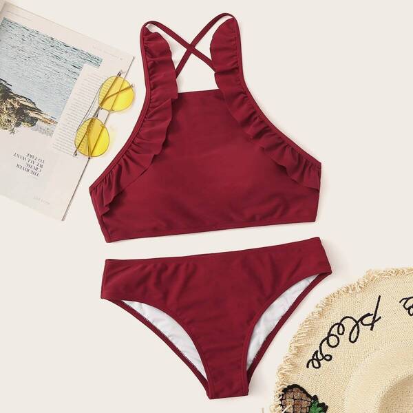 

Frill Trim Criss-cross Tie Back Bikini Set
