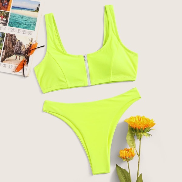 

Neon Lime Zipper Front Top With High Cut Bikini, Green bright