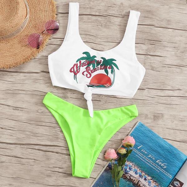 

Knot Hem Top With Neon Lime Panty Bikini Set, Multicolor bright