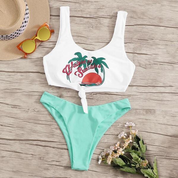 

Tropical & Letter Print Mix and Match Bikini