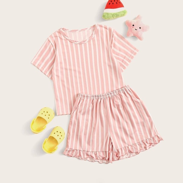 

Girls Striped Ruffle Hem Pajama Set