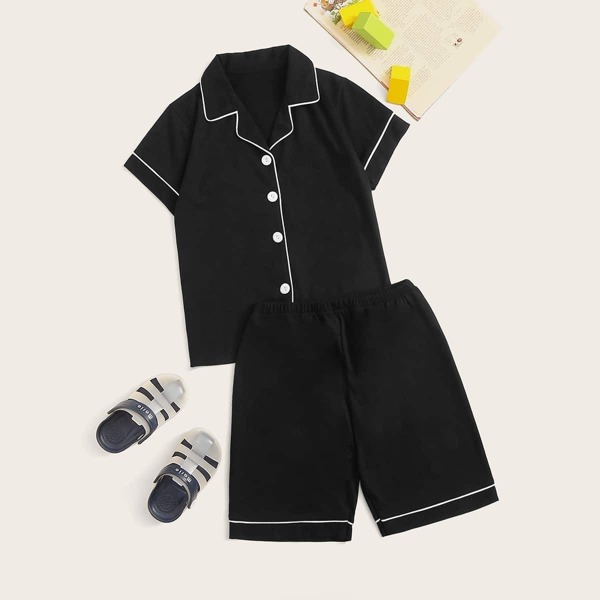 

Boys Contrast Binding Button-up Pajama Set, Black