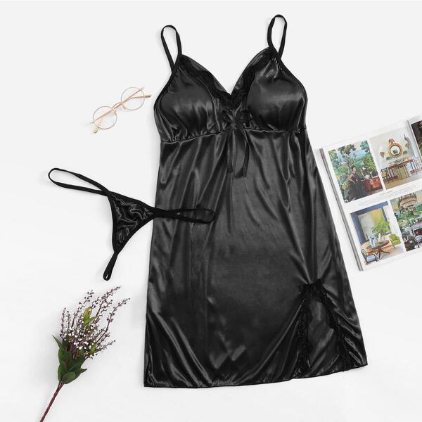 

Plus Lace Trim Satin Slips With Thong