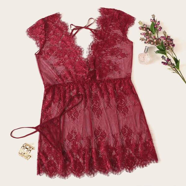 

Plus Floral Lace Sheer Dress With Thong, Red