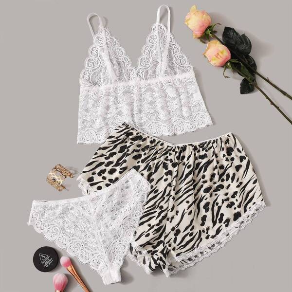 

Plus Floral Lace Lingerie Set With Leopard Shorts 3pack, Multicolor