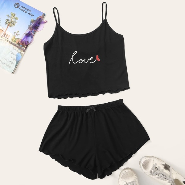 

Letter Print Lettuce Hem Cami Pajama Set, Black