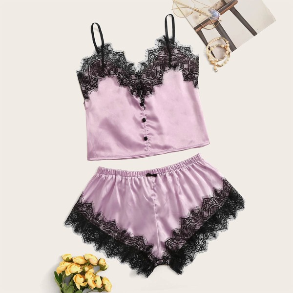 

Floral Lace Button Front Satin Cami With Shorts