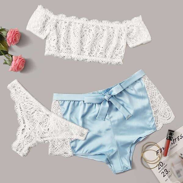 

Floral Lace Bardot Lingerie Set With Satin Shorts 3pack, Multicolor