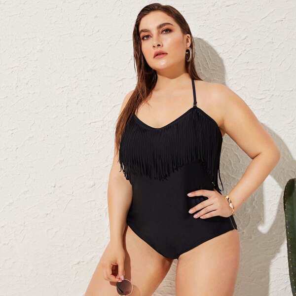 

Plus Fringe Hem Tie Back One Piece Swimwear