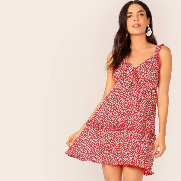 

Knot Front Ditsy Floral Print Dress, Red
