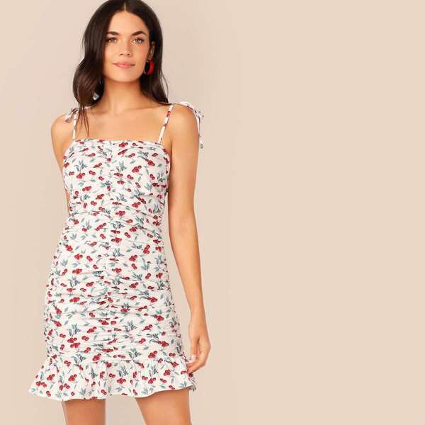 

Knot Shoulder Ruched Front Ruffle Hem Cherry Dress