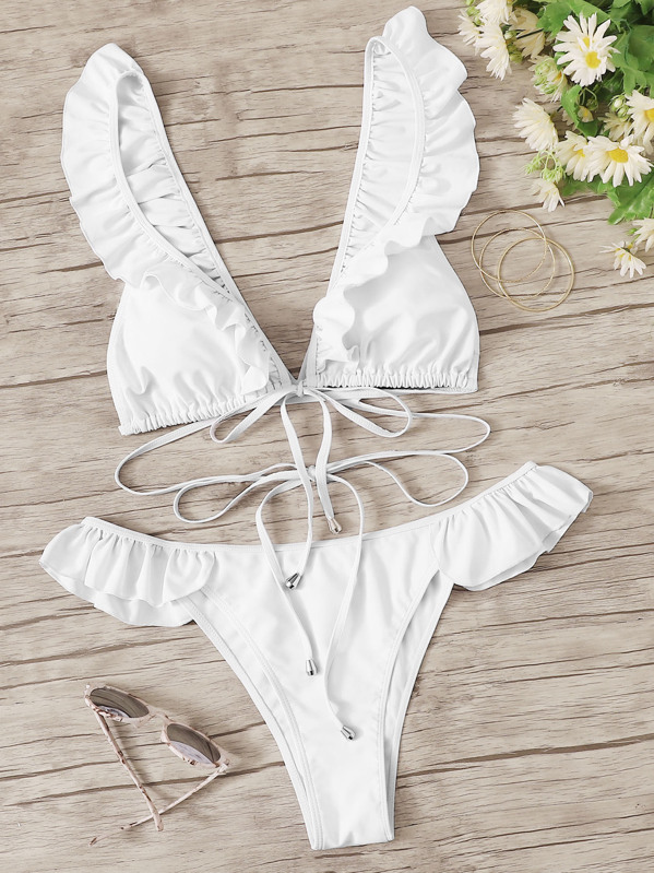 

Plus Ruffle Plunge Top With Low Rise Bikini, White